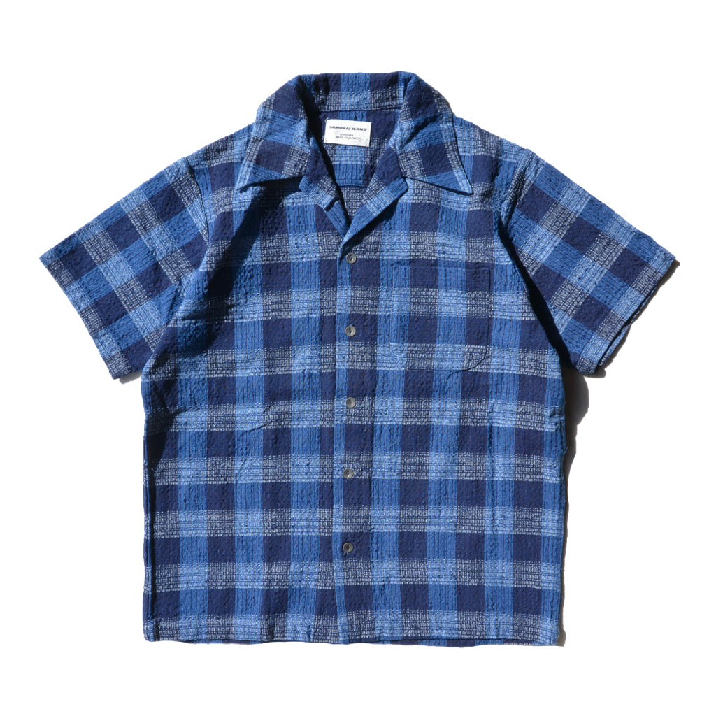 SOS22-S02 AI Kasuri Stripe Check Open Collar Shirt