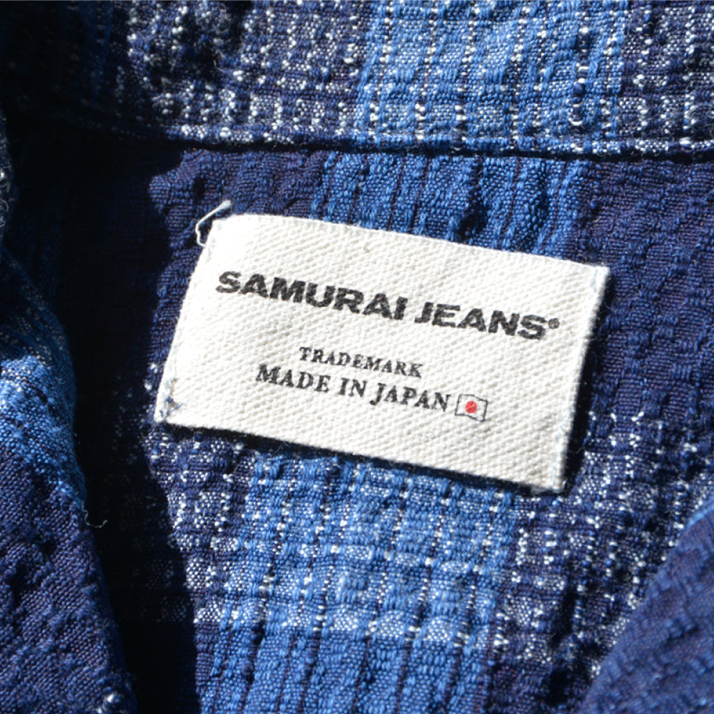 SOS22-S02 AI Kasuri Stripe Check Open Collar Shirt | SAMURAI JEANS ...
