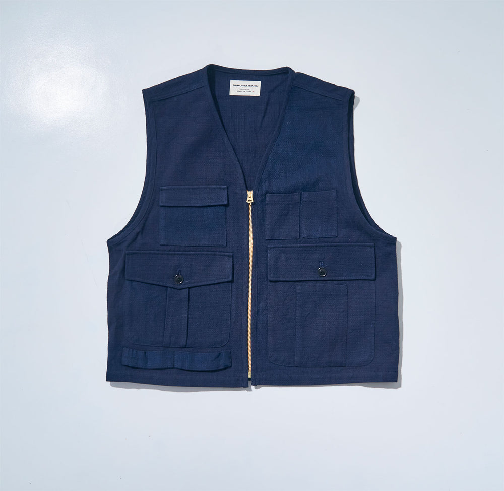 SJVT24-AK INDIGO SPOTTED MIXED FIELD VEST | SAMURAI JEANS ONLINE STORE